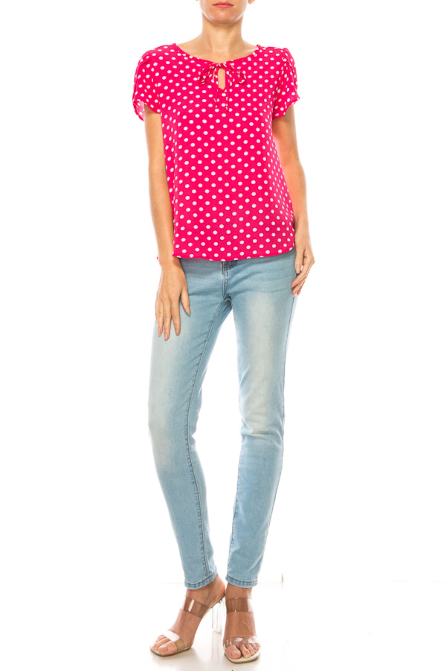 Women's Polka Dot Overlapping Short Sleeve Ribbon Accent Top