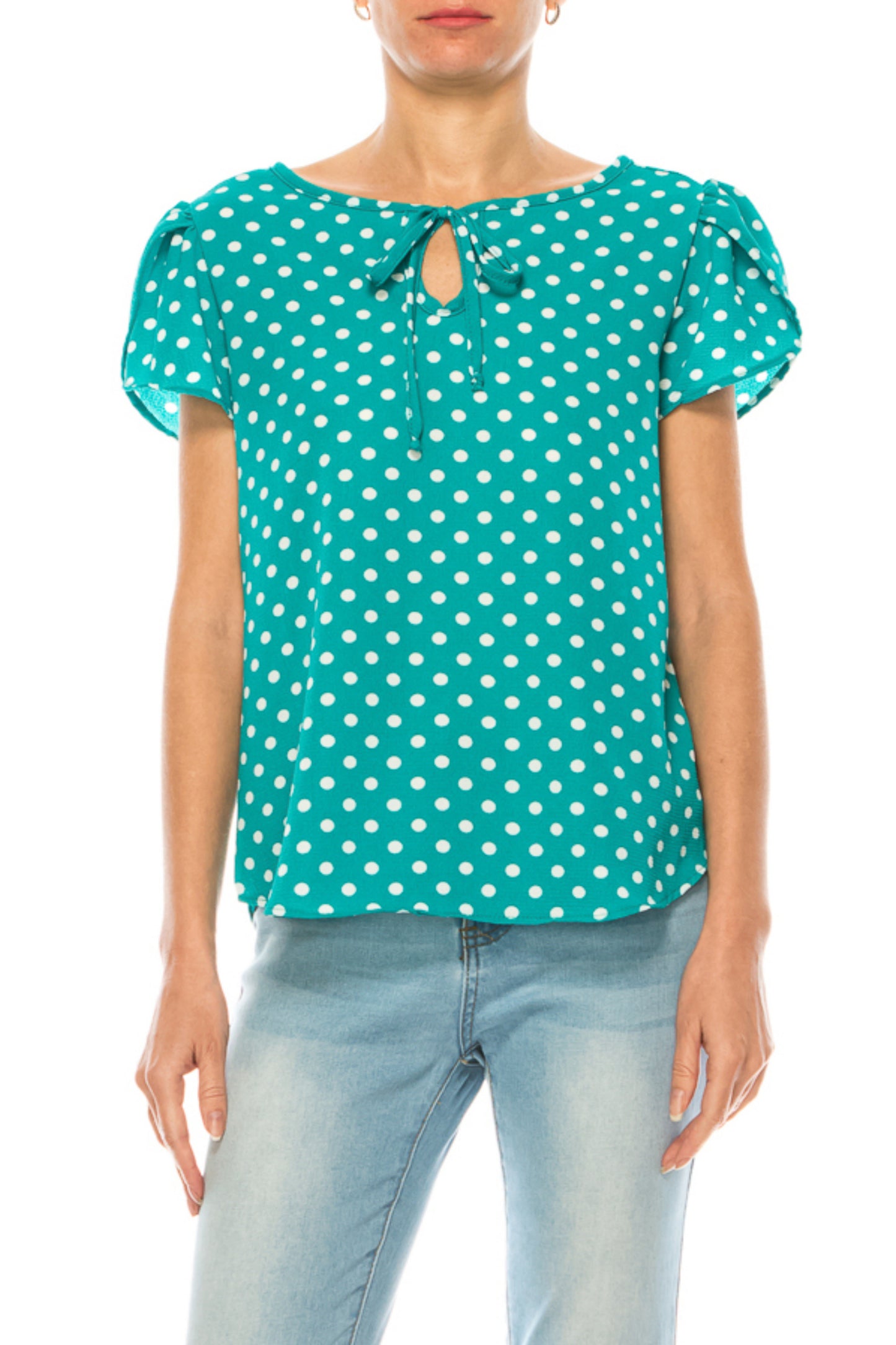 Women's Polka Dot Overlapping Short Sleeve Ribbon Accent Top