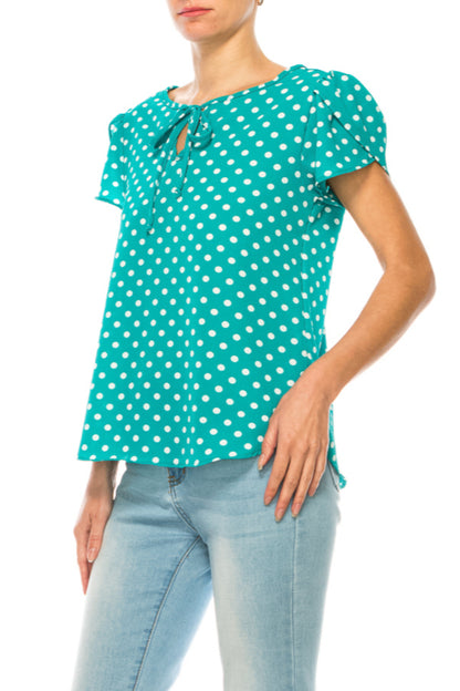 Women's Polka Dot Overlapping Short Sleeve Ribbon Accent Top