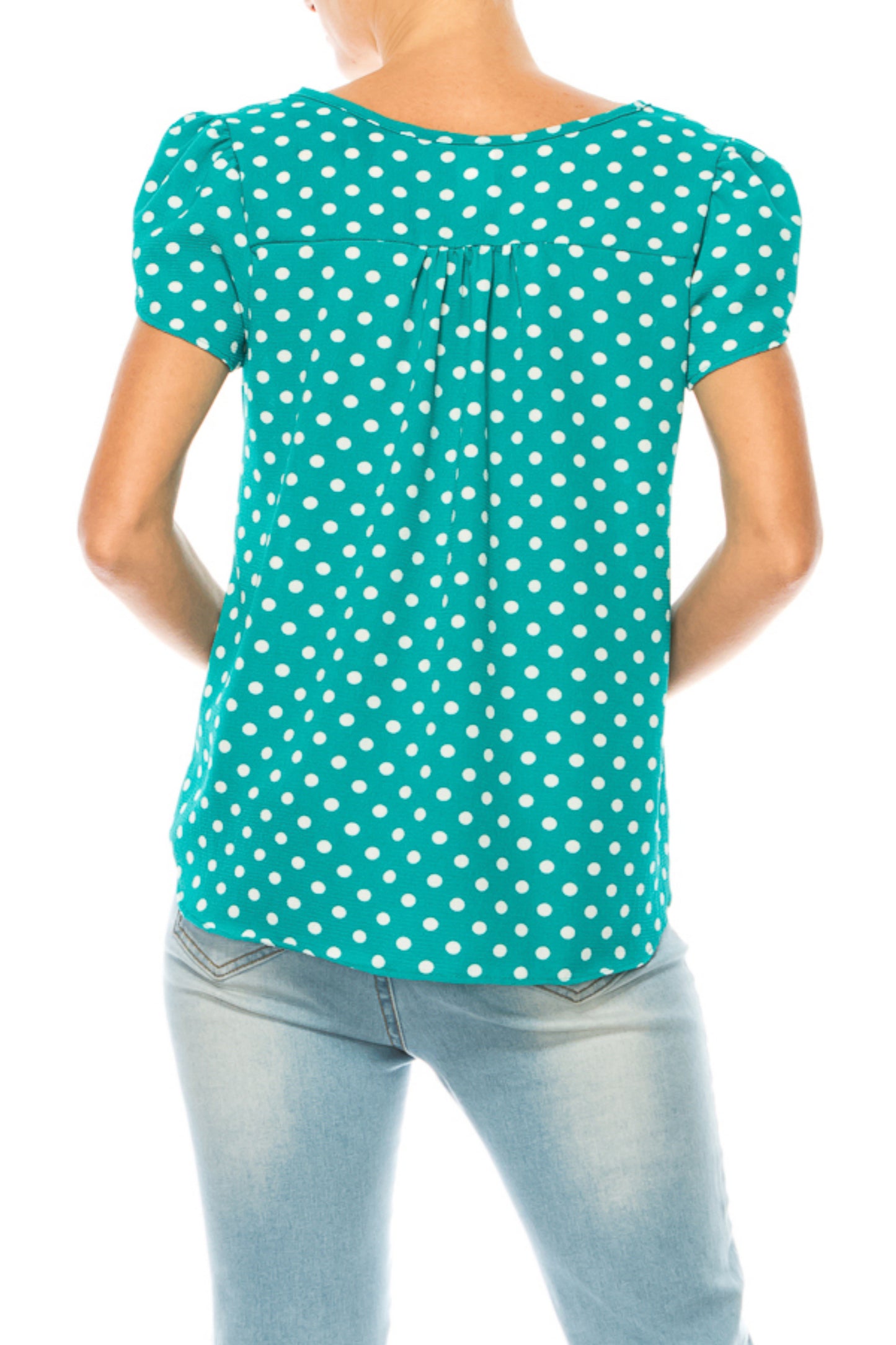 Women's Polka Dot Overlapping Short Sleeve Ribbon Accent Top