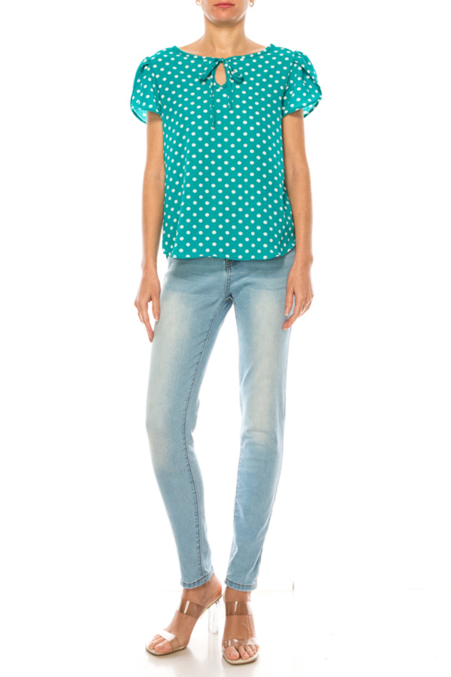 Women's Polka Dot Overlapping Short Sleeve Ribbon Accent Top