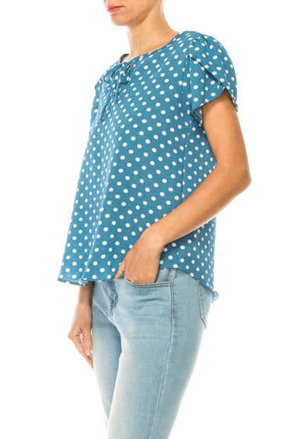 Women's Polka Dot Overlapping Short Sleeve Ribbon Accent Top