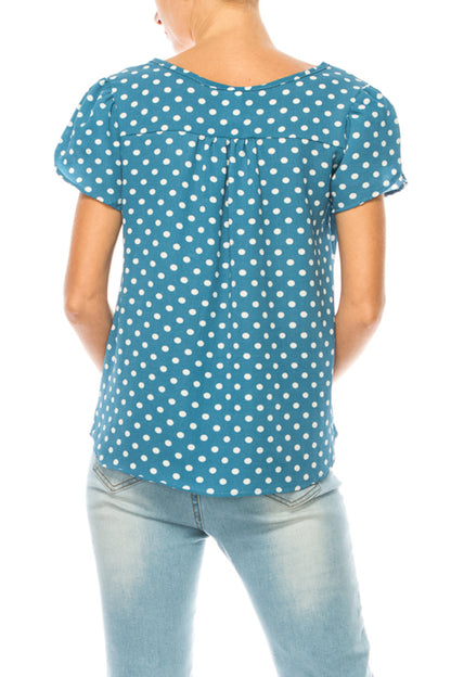 Women's Polka Dot Overlapping Short Sleeve Ribbon Accent Top