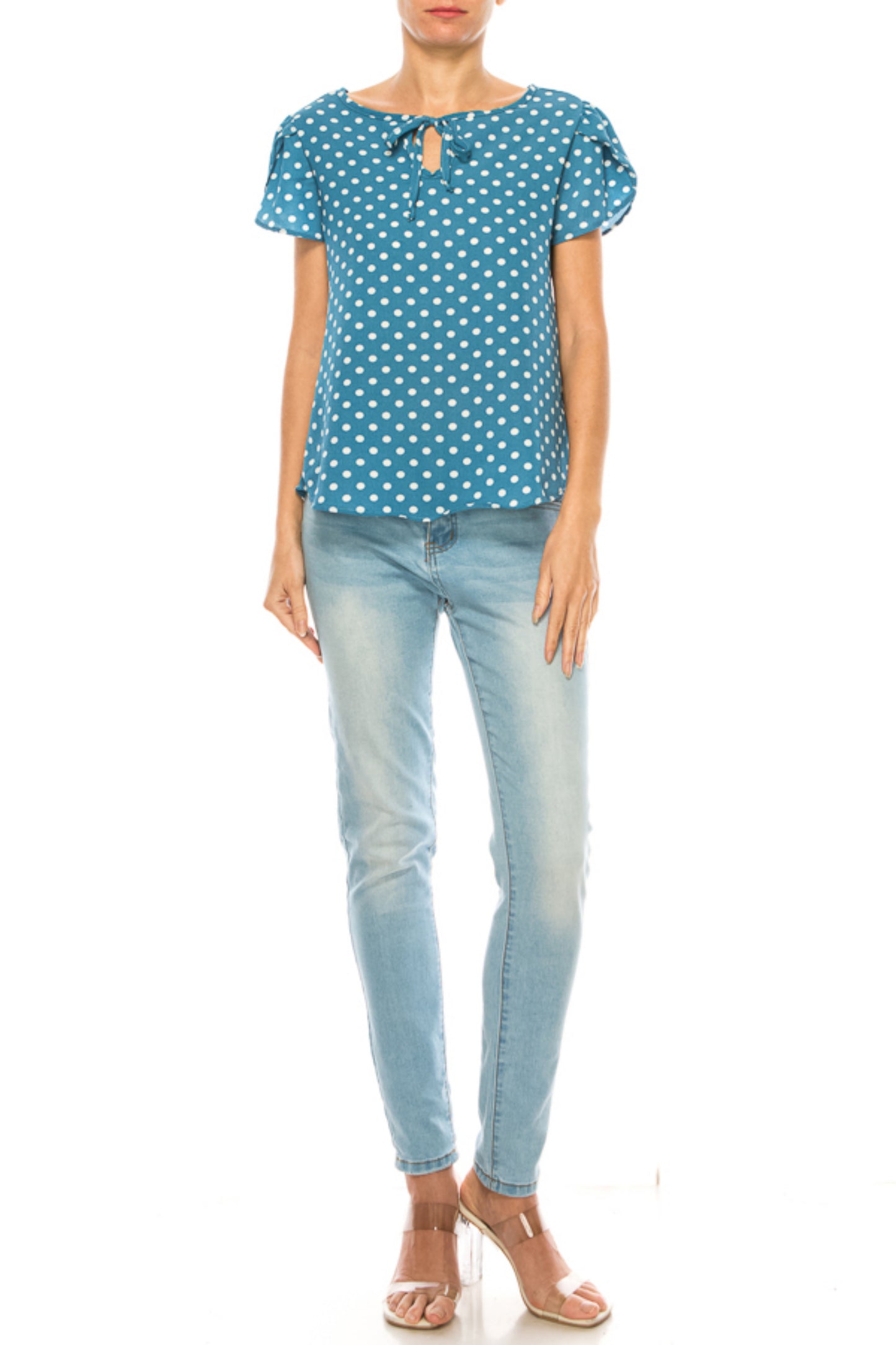 Women's Polka Dot Overlapping Short Sleeve Ribbon Accent Top