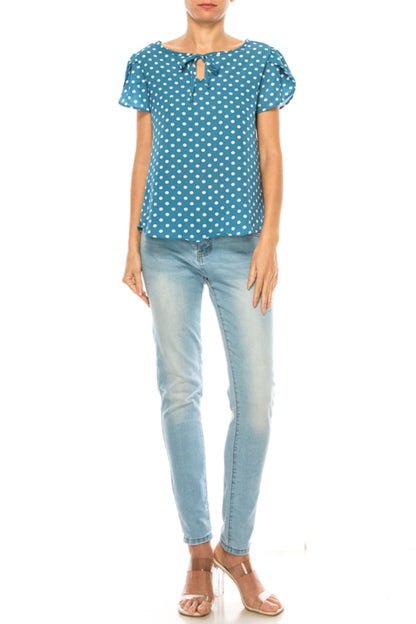 Women's Polka Dot Overlapping Short Sleeve Ribbon Accent Top