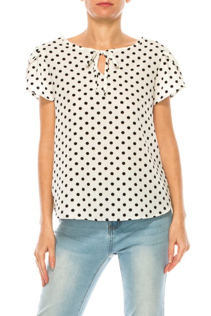 Women's Polka Dot Overlapping Short Sleeve Ribbon Accent Top