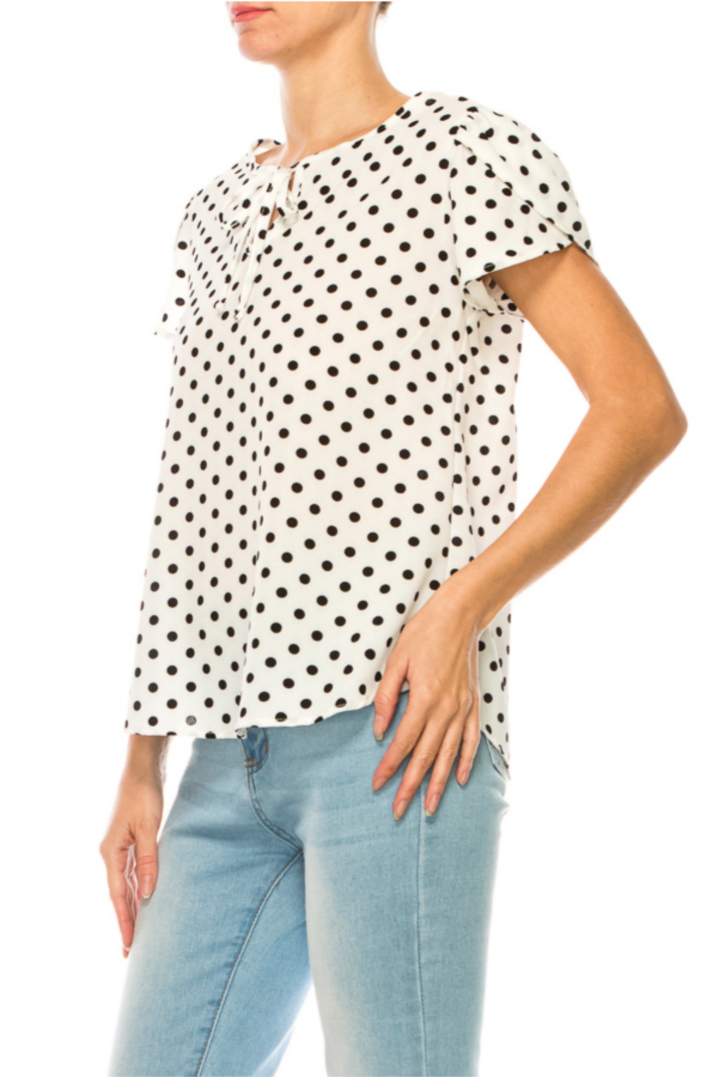 Women's Polka Dot Overlapping Short Sleeve Ribbon Accent Top