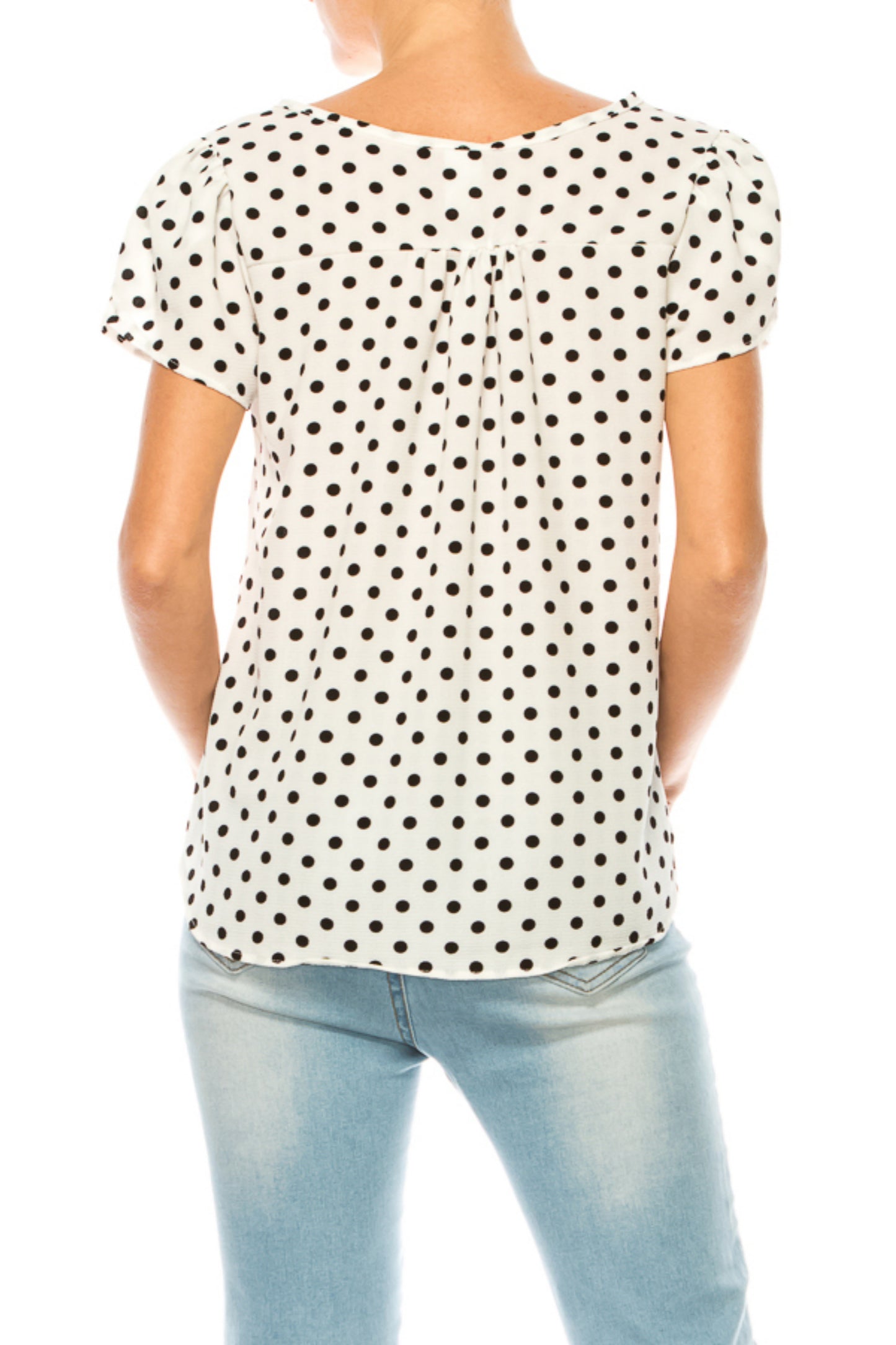 Women's Polka Dot Overlapping Short Sleeve Ribbon Accent Top