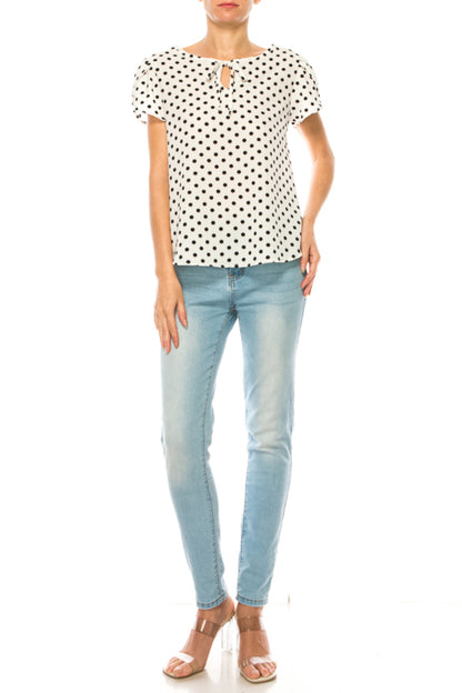 Women's Polka Dot Overlapping Short Sleeve Ribbon Accent Top