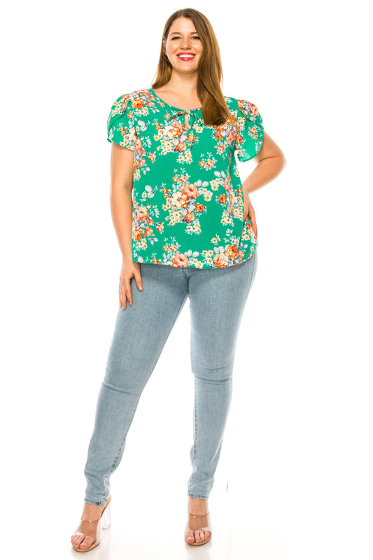 Women's Floral Plus Size Short Sleeve Tunic Top Blouse