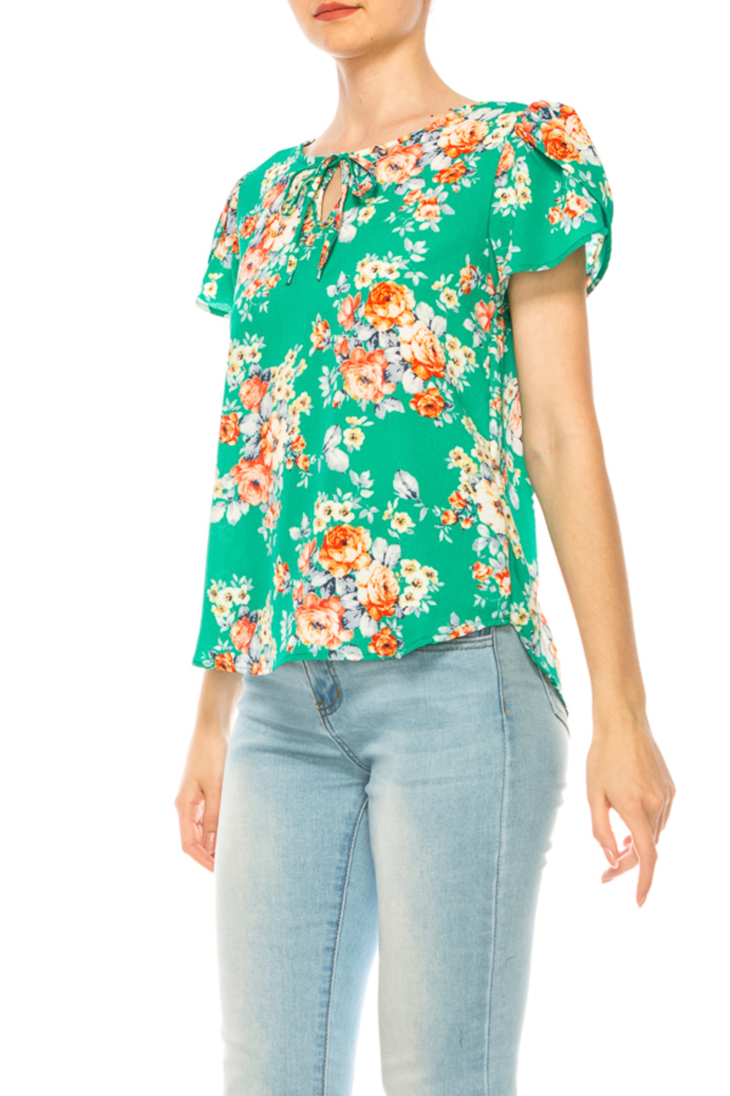 Women's Floral Pattern Short Sleeve Tunic Top Blouse