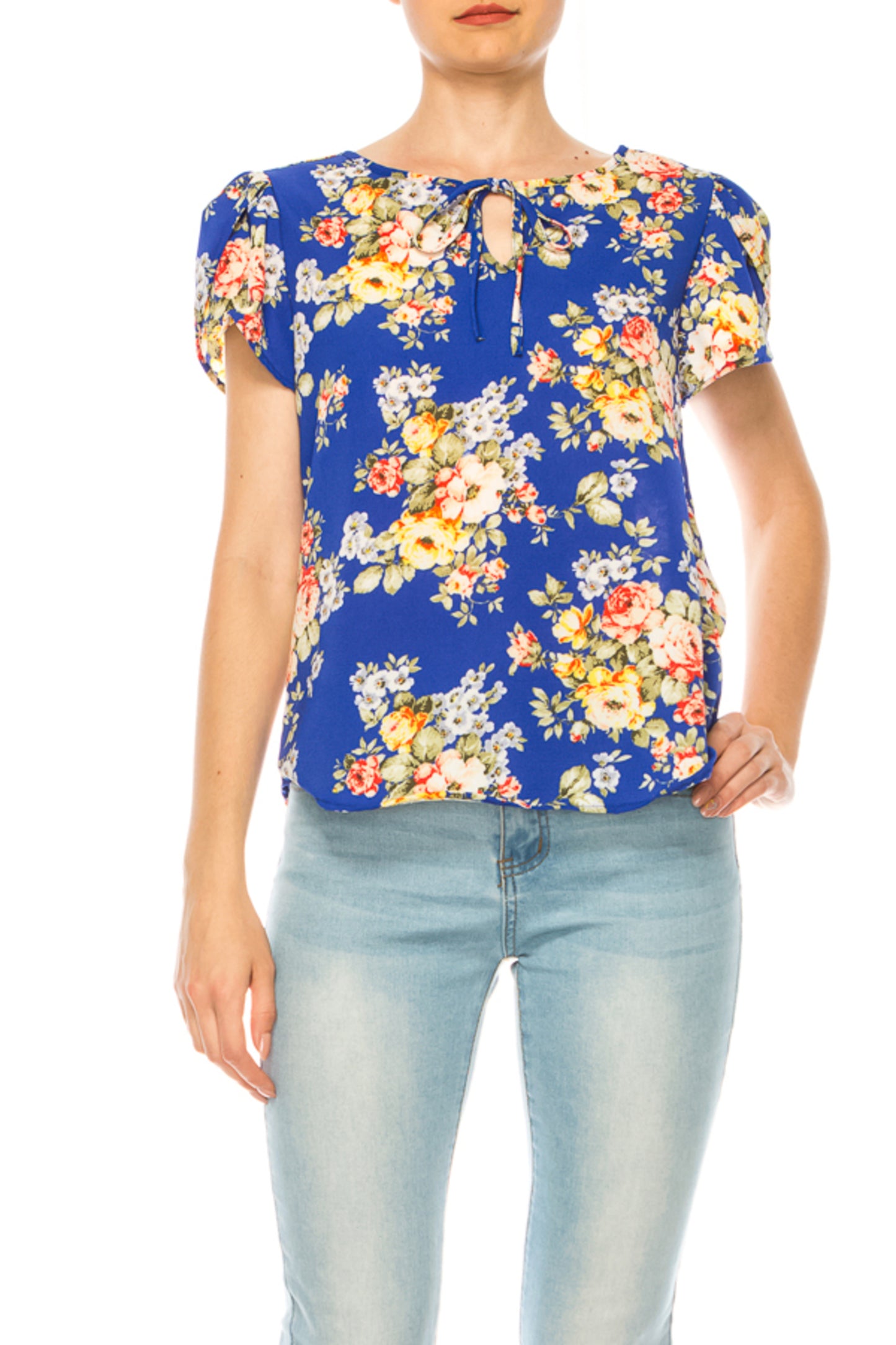 Women's Floral Pattern Short Sleeve Tunic Top Blouse