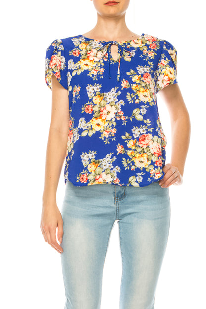 Women's Floral Pattern Short Sleeve Tunic Top Blouse