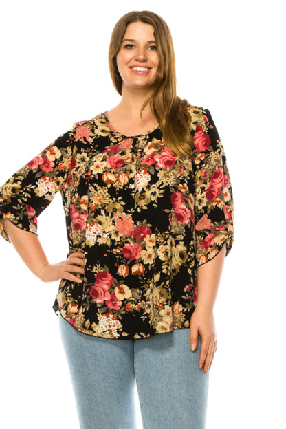 Women's Plus Floral Print Round Neck Roll Tab Sleeve Blouse Top