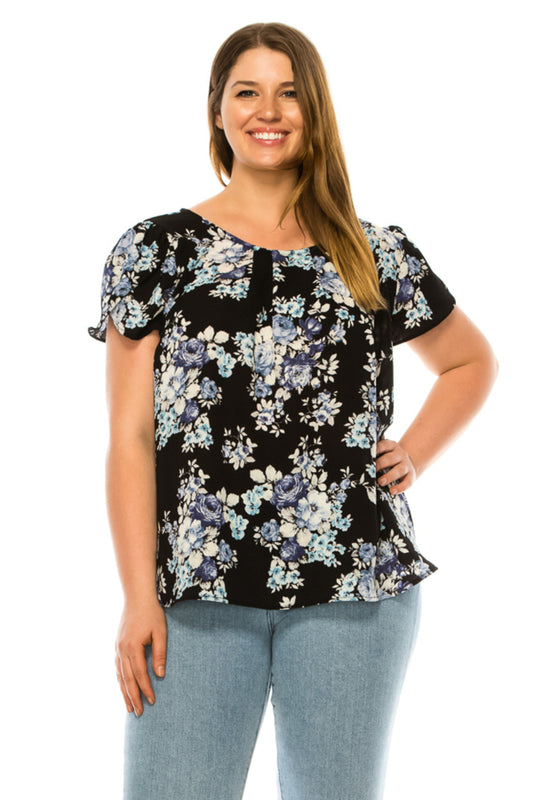 Women's Plus Floral print pleated front top with over lapping short sleeves
