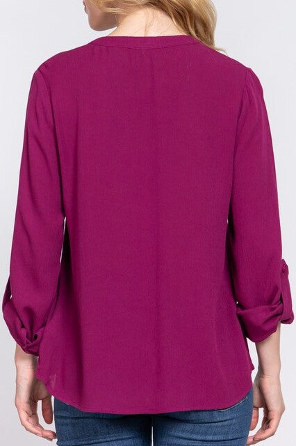 Women's Long Sleeve Round Open Neck with Pocket Woven Blouse