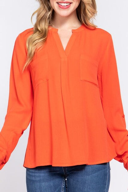 Women's Long Sleeve Round Open Neck with Pocket Woven Blouse
