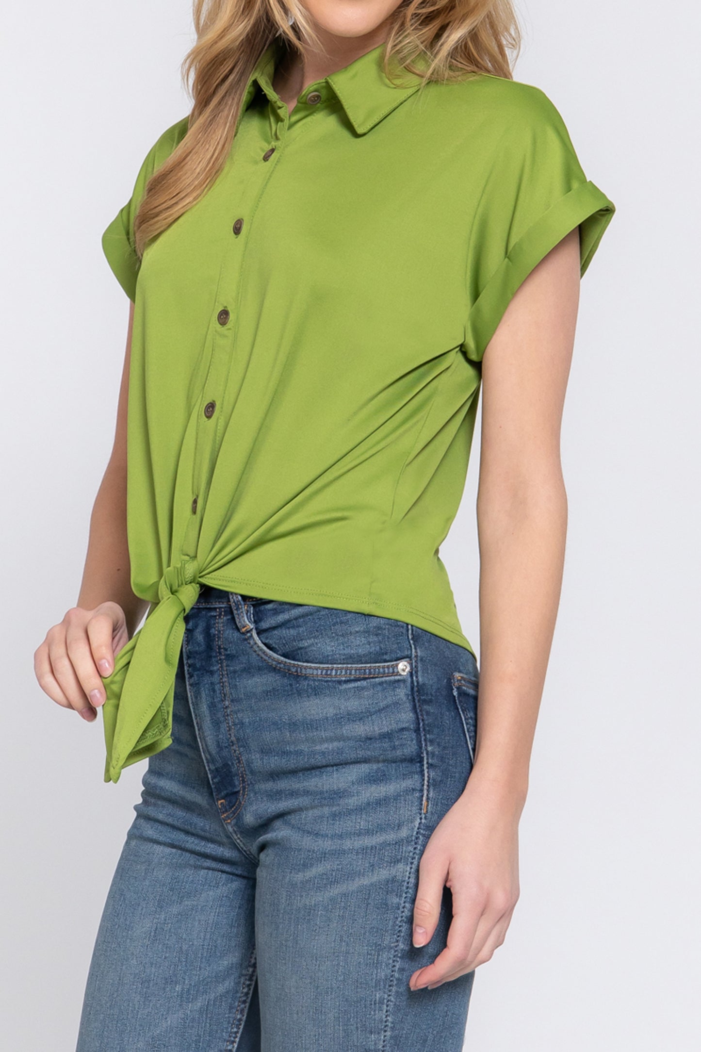 Women's Short Sleeve Front Tie Detail Stretch ITY Top