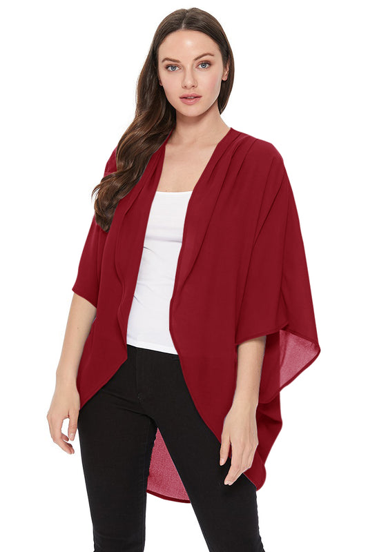 Women's Solid Casual Chiffon loose Kimono Sleeve Open Front Cardigan Capes/Made in USA