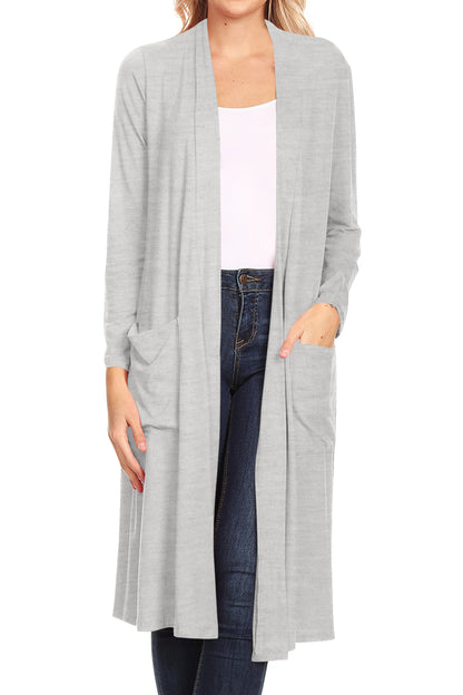 Women's Casual Loose Fit Open Front Side Pockets Solid Soft Lightweight Long Cardigan