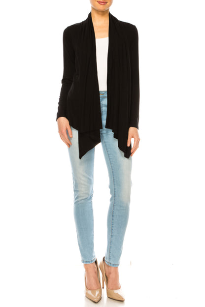 Women's Asymmetric Hem Cardigan with Draped Neck and Open Front