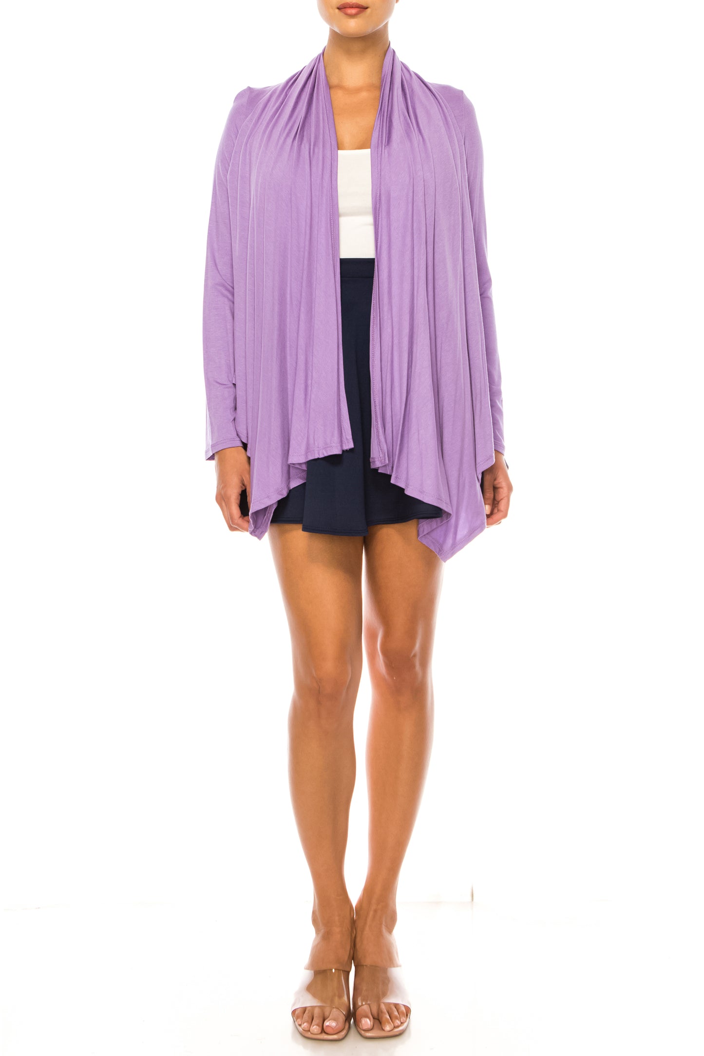 Women's Asymmetric Hem Cardigan with Draped Neck and Open Front