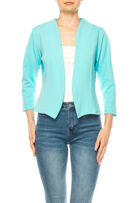 Women's Collarless Blazer Open Front Sleek 3/4 Sleeves Cardigan Made in USA