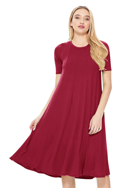 Women's Solid Casual Comfy Short Sleeve Jersey Knit A-Line Midi Dress