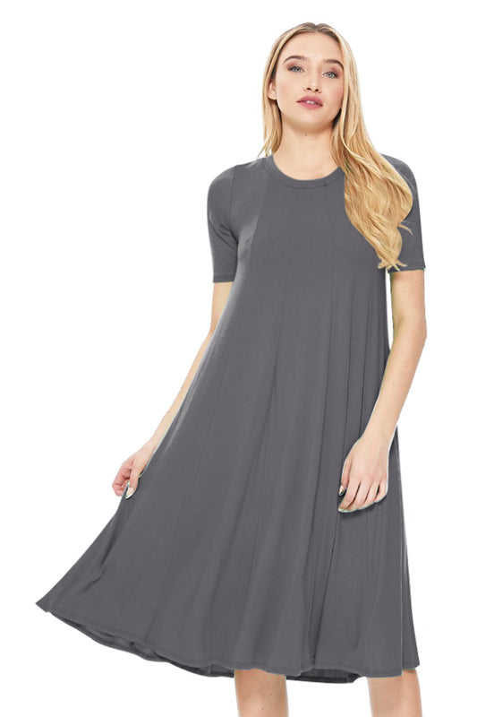 Women's Solid Casual Comfy Short Sleeve Jersey Knit A-Line Midi Dress
