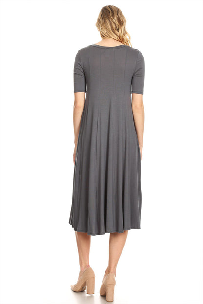 Women's Solid Casual Comfy Short Sleeve Jersey Knit A-Line Midi Dress