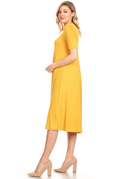 Women's Solid Casual Comfy Short Sleeve Jersey Knit A-Line Midi Dress