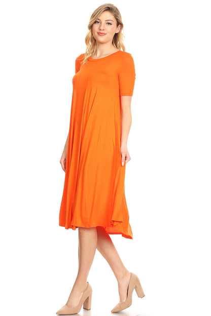 Women's Solid Casual Comfy Short Sleeve Jersey Knit A-Line Midi Dress