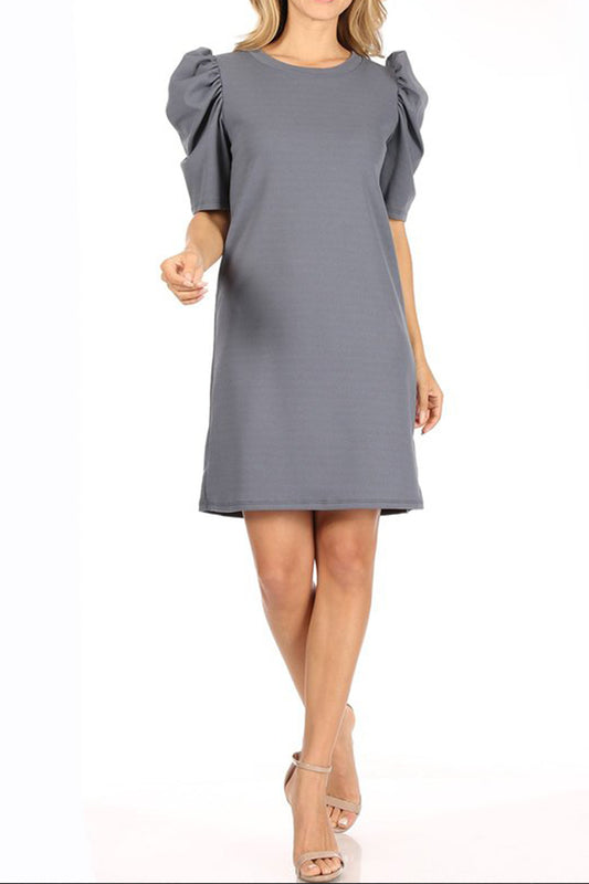 Women's Casual Pull On Solid Round Neck Short Puff Sleeve Stretch Office Midi Dress