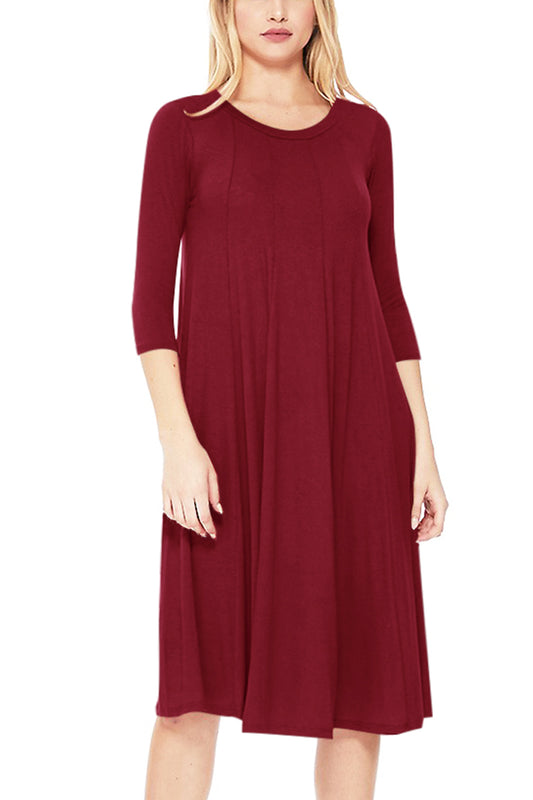 Women's Casual Loose Fit 3/4 Sleeve Round Neck Jersey Knit A-Line Comfy Solid Midi Dress