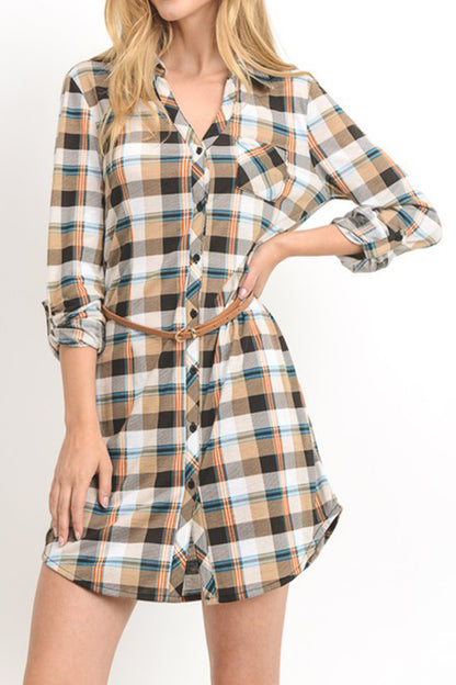 Women's Casual Button Down Long Sleeve Plaid Print V-Neck Lightweight Belt Shirts Dress