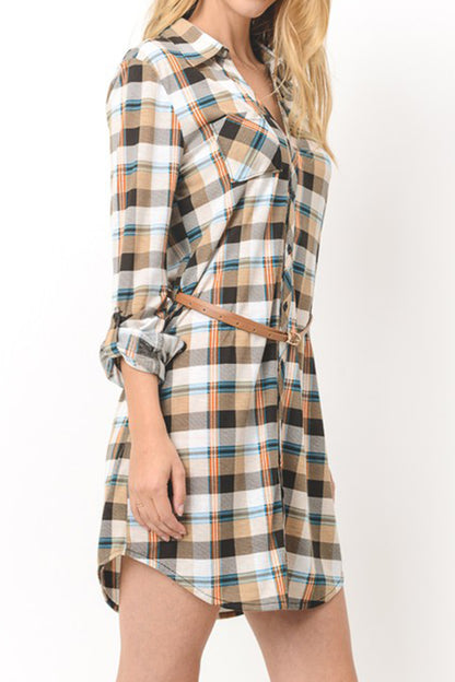 Women's Casual Button Down Long Sleeve Plaid Print V-Neck Lightweight Belt Shirts Dress