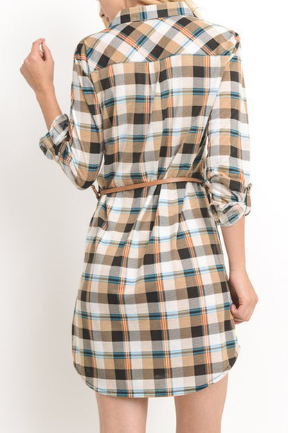 Women's Casual Button Down Long Sleeve Plaid Print V-Neck Lightweight Belt Shirts Dress