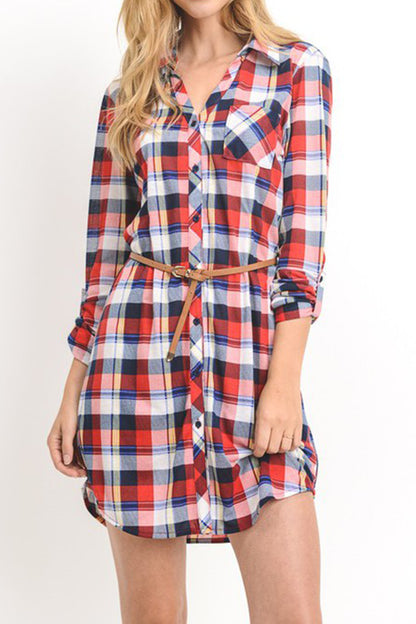 Women's Casual Button Down Long Sleeve Plaid Print V-Neck Lightweight Belt Shirts Dress