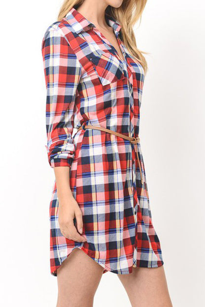 Women's Casual Button Down Long Sleeve Plaid Print V-Neck Lightweight Belt Shirts Dress