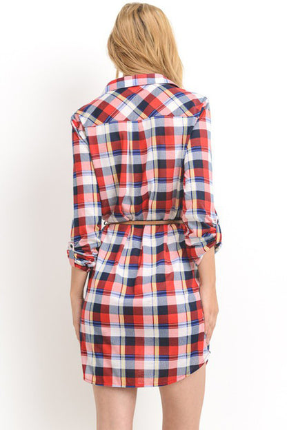 Women's Casual Button Down Long Sleeve Plaid Print V-Neck Lightweight Belt Shirts Dress