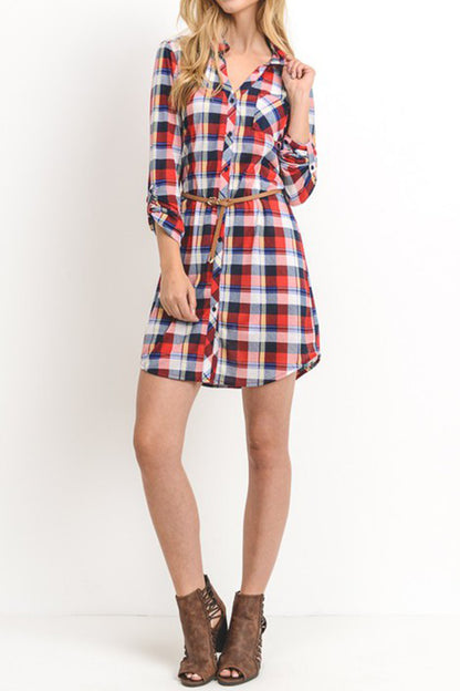 Women's Casual Button Down Long Sleeve Plaid Print V-Neck Lightweight Belt Shirts Dress