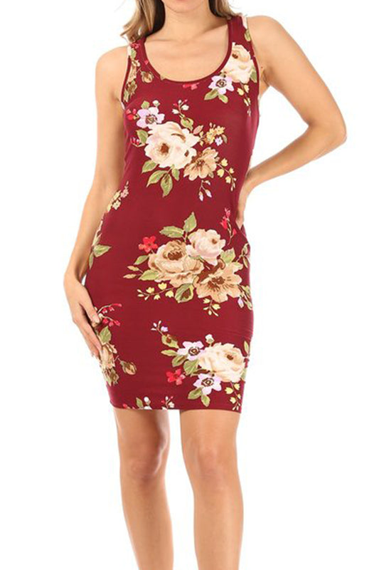 Women's Casual Floral Print Bodycon Mini Dress Sleeveless Scoop Neck Made in USA