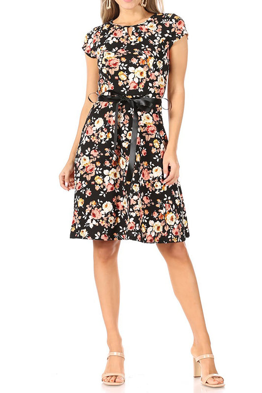 Women's Floral Flared A-Line Swing Casual Party Dresses, Short Sleeve, and Belted.