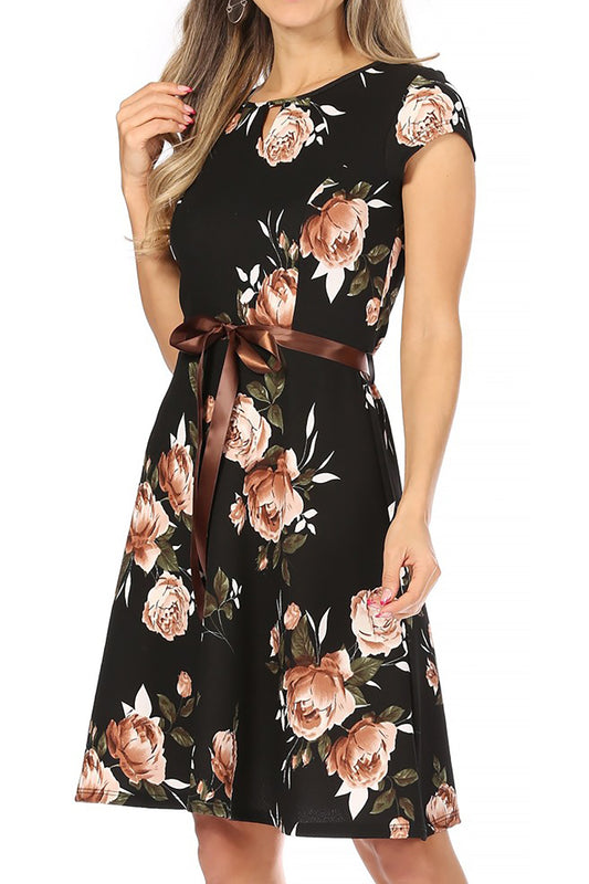 Women's Casual Floral Flared A Line Swing Dresses Short Sleeve With Belt Trim