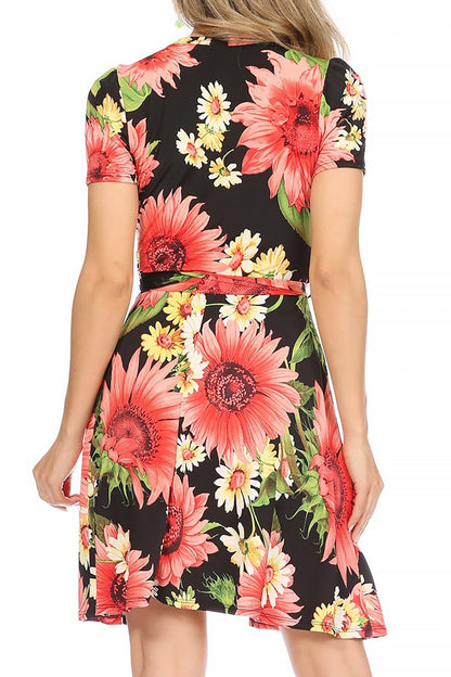 Women's Floral Print Belted Round Neckline Short Sleeve Casual Tunic Dress