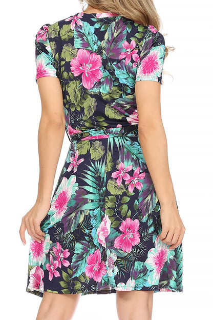 Women's Floral Print Belted Round Neckline Short Sleeve Casual Tunic Dress