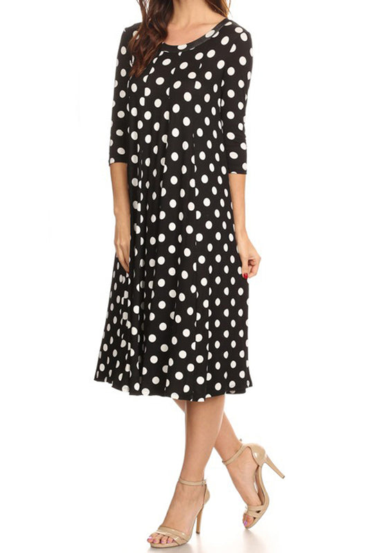 Women's Loose Fit Scoop Neck 3/4 Sleeve Polka Dot Patterned A-Line Midi Dress