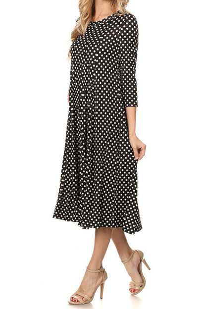 Women's Loose Fit Scoop Neck 3/4 Sleeve Polka Dot Patterned A-Line Midi Dress