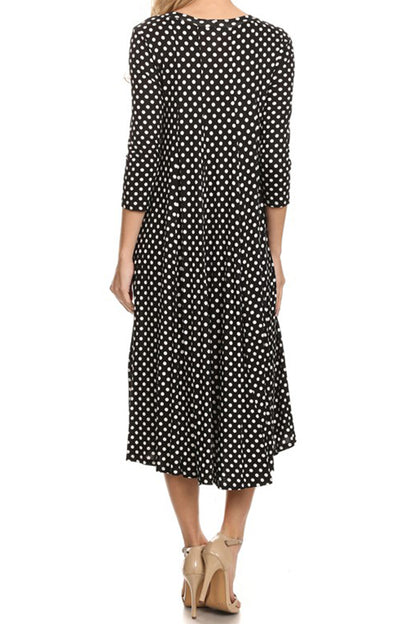 Women's Loose Fit Scoop Neck 3/4 Sleeve Polka Dot Patterned A-Line Midi Dress