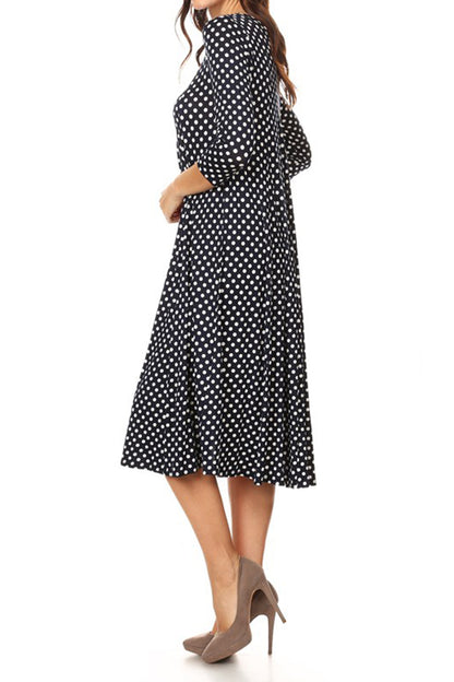 Women's Scoop Neck 3/4 Sleeve Polka Dot Patterned A-Line Midi Dress - FashionJOA